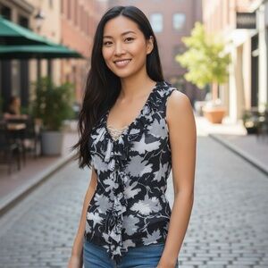 Sweet Pea Black and White Sleeveless Ruffle Lace Up Top Size Medium